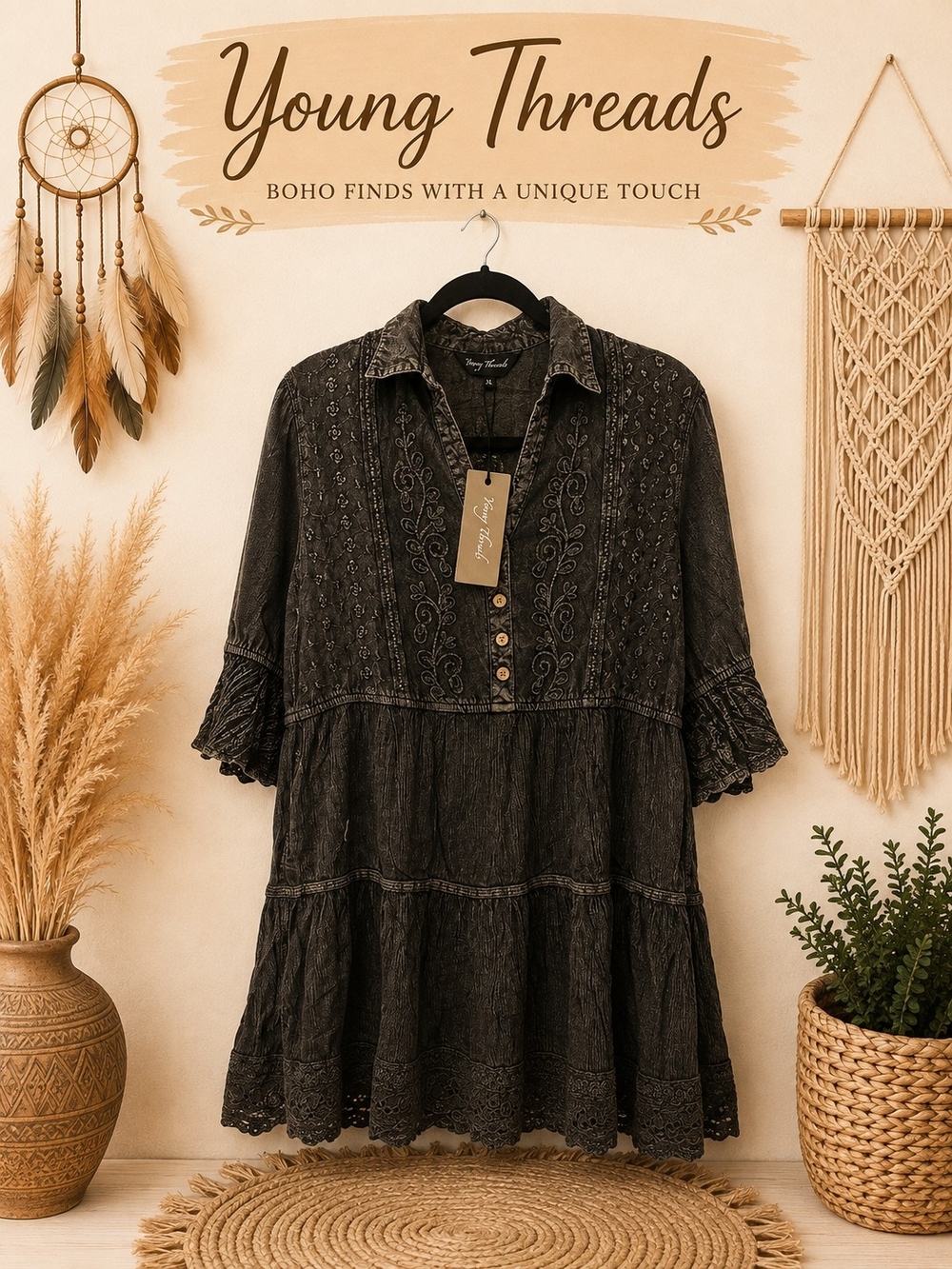 203 Young Threads Black Embroidered Boho Tunic